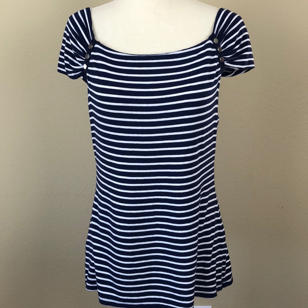 Premise Studio Black and White Striped Cap Sleeve Super Soft Tee - Size Medium